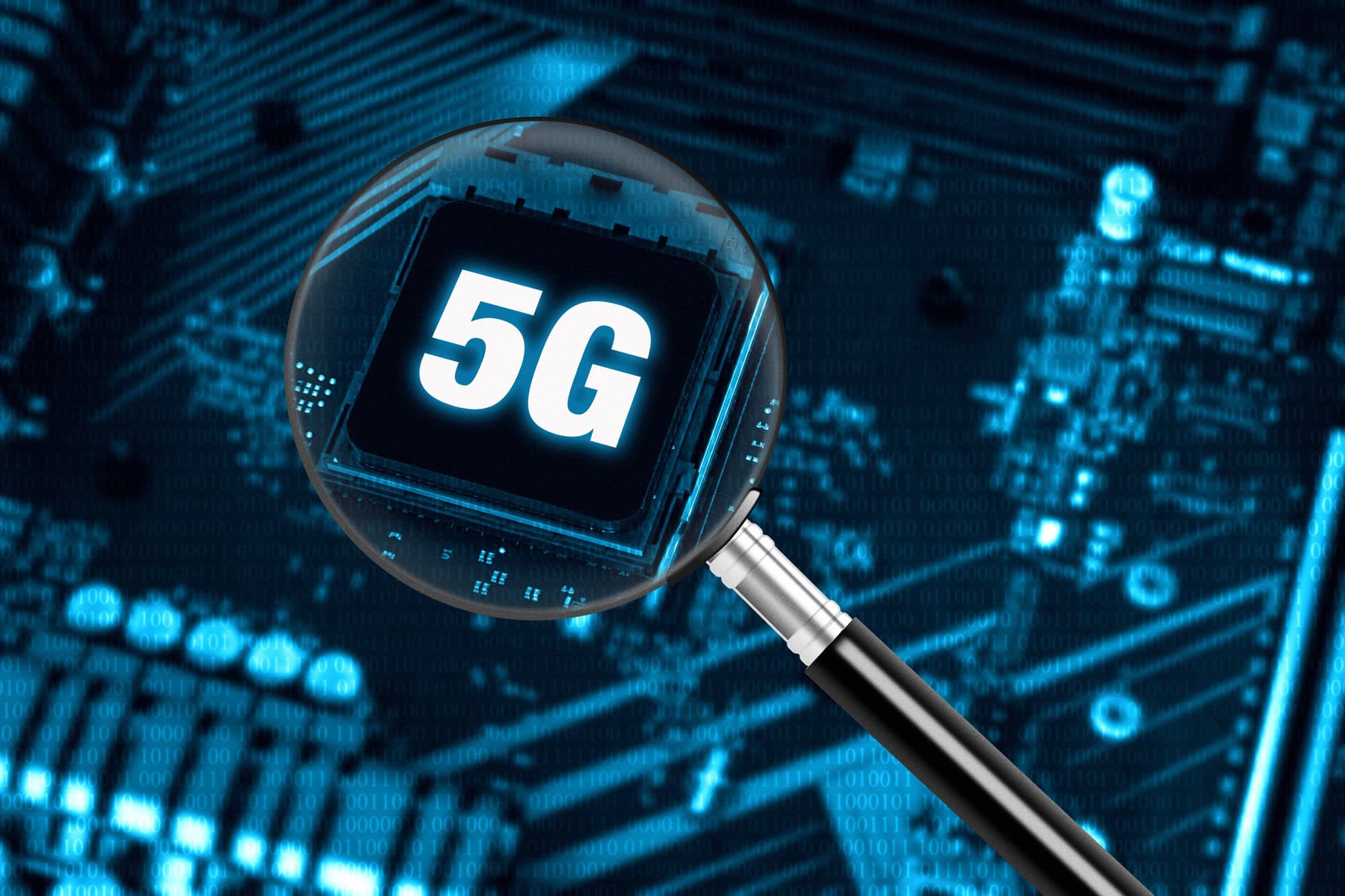 Solution 4 Concept of high-speed 5G internet network technology with magnifying glass on modern circuit board