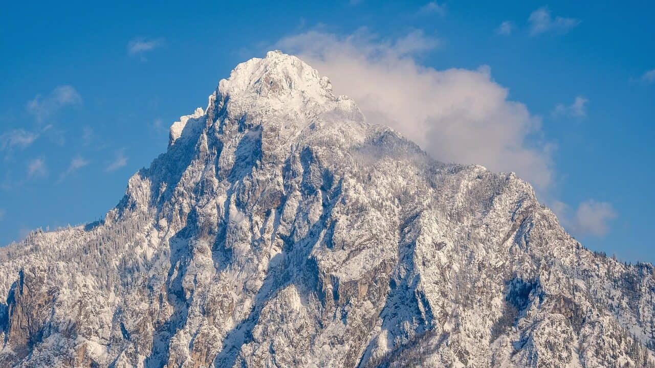 mountain, peak, clouds, landscape, winter, snow, nature, traunstein, austria, blue sky, mountain, mountain, mountain, mountain, mountain