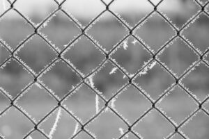 Close-up of a metal fence with frost-covered wires illustrating cold heading forming techniques for manufacturing strong metal fasteners.