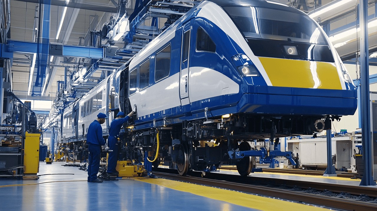 ai generated, train, maintenance, inspection, workshop, workers, industrial, undercarriage, repair, servicing, tracks, pit, facility, rail, vehicle, transportation, tools, modern, yellow, engineering, railway, technology, workspace, organization, precision