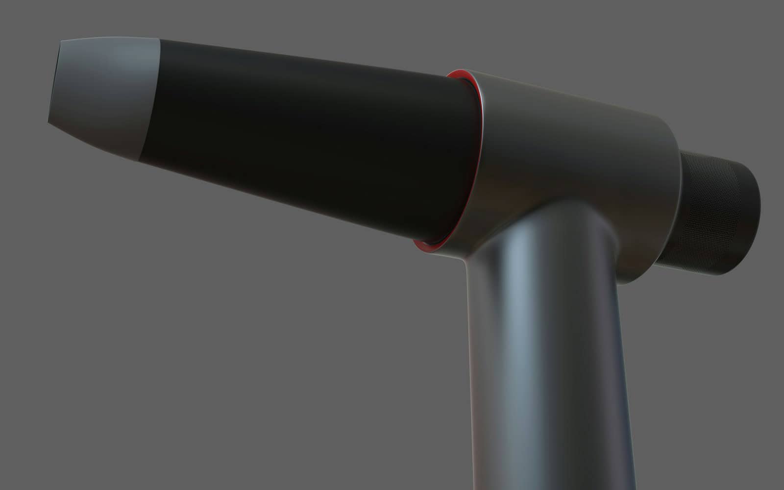 لقطة مقربة لأداة باللونين الأسود والفضي مع تفاصيل حلقة حمراء