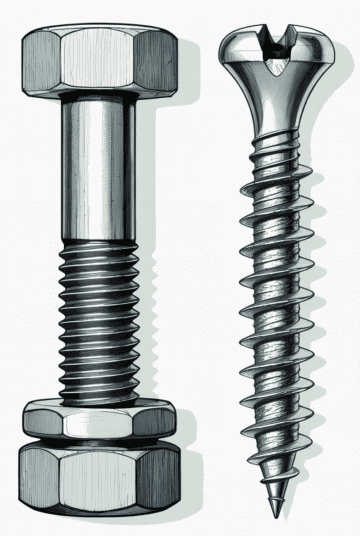 Close-up of a hex bolt and a wood screw, highlighting their distinct designs for different fastening applications.