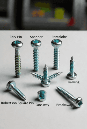 Collection of various industrial screws and fasteners including Torx pin, spanner, Pentalobe, tri-wing, Robertson square pin, one-way, and breakaway screws for manufacturing and assembly.