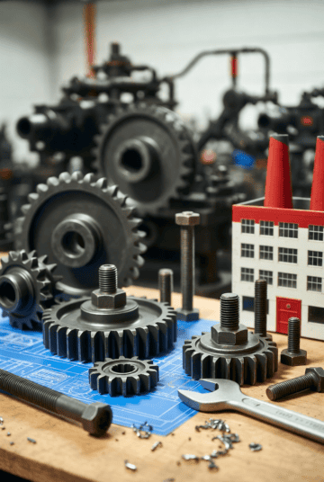 Industrial gears and fasteners used in machinery assembly and maintenance.