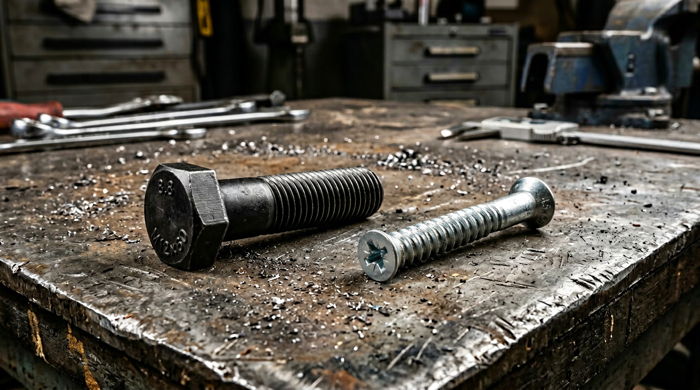 screw vs bolt — hero illustration showing both fasteners side by side on a workbench with steel components
