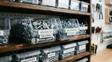 High-quality hex bolts, wood screws, washers, and nuts organized in clear plastic bins for easy access and inventory management.