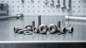 Primer plano de varios tornillos y pernos industriales, incluyendo tornillos de brida, sobre una superficie de trabajo metálica, mostrando fabricación de precisión para aplicaciones industriales.