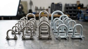 Tornillos de brida y tornillos industriales de alta calidad dispuestos en un banco de trabajo en una instalación de fabricación.