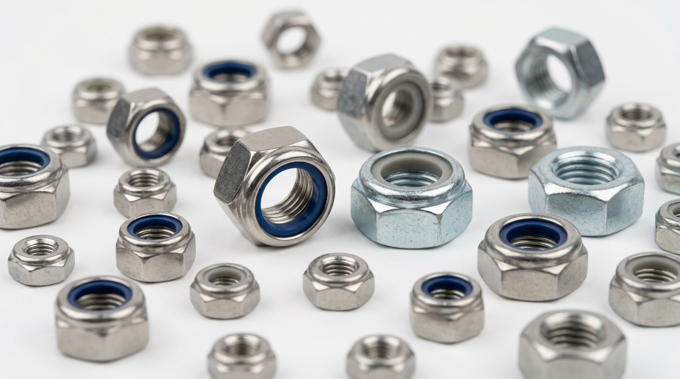 Nylonmutter-Sortiment aus Sechskant-Nylon-Sicherungsmuttern mit Nylon-Einsatzring-Detail