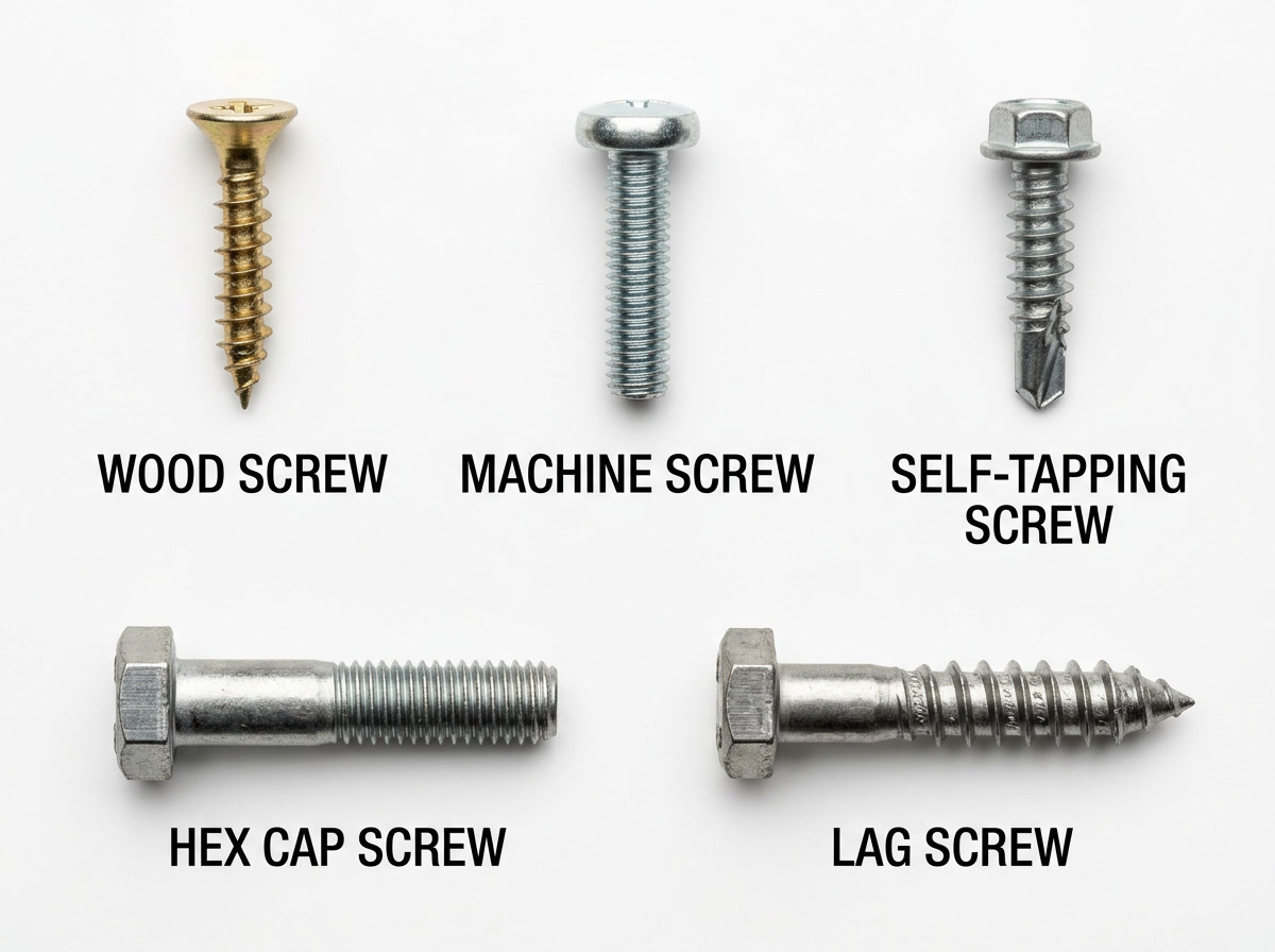 screw vs bolt — types of screws illustrated with wood screws, machine screws, self-tapping screws, and cap screws labeled