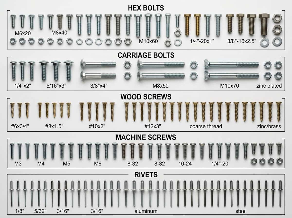 fasteners screws bolts — illustrated breakdown of common fastener types including hex bolts, carriage bolts, wood screws and rivets