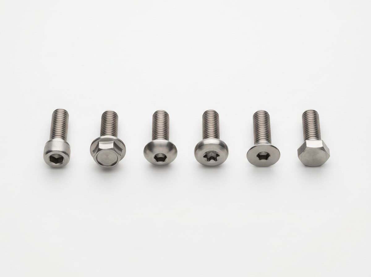 tornillos de titanio — comparación que muestra tipos hexagonales, de cabeza de socket, avellanados y con flange junto a etiquetas de tamaño