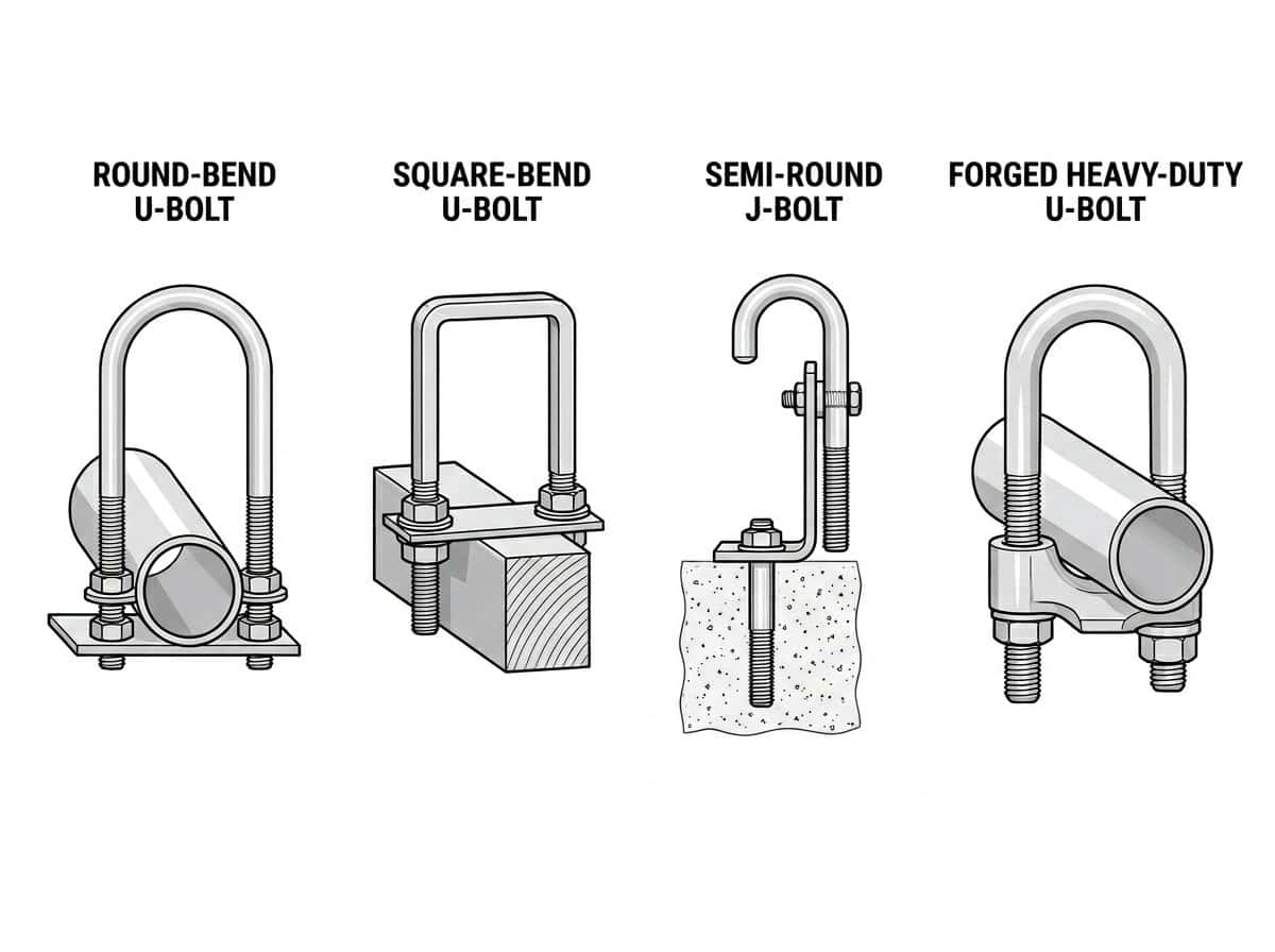 ilustración de sujetadores de U-bolt mostrando variantes de curva redonda, cuadrada, semi-redonda y forjada lado a lado