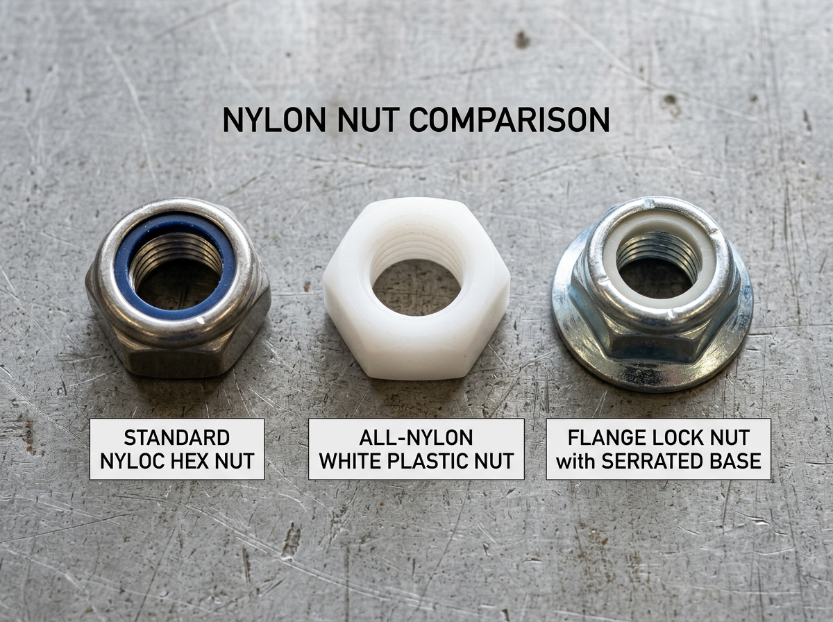 Nylonmutter-Typen — Vergleich nebeneinander mit Nyloc-Einsatzmutter, All-Nylon-Mutter und Nylon-Flansch-Sicherungsmutter