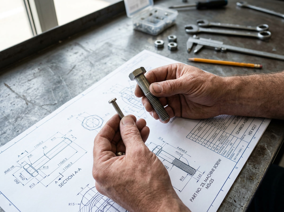 screw vs bolt — decision flowchart showing how to choose between screw and bolt based on load type, access, and material