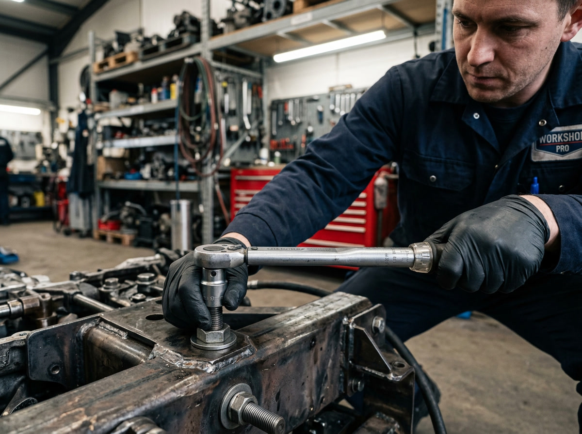 A technician installing a heavy-duty flange bolt in an industrial workshop setting, demonstrating precision and quality in manufacturing screws and bolts.