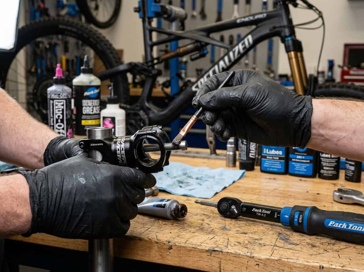 tornillos de titanio — diagrama de instalación paso a paso que muestra la aplicación de anti-seize, uso de llave de torque y profundidad de engagement de rosca