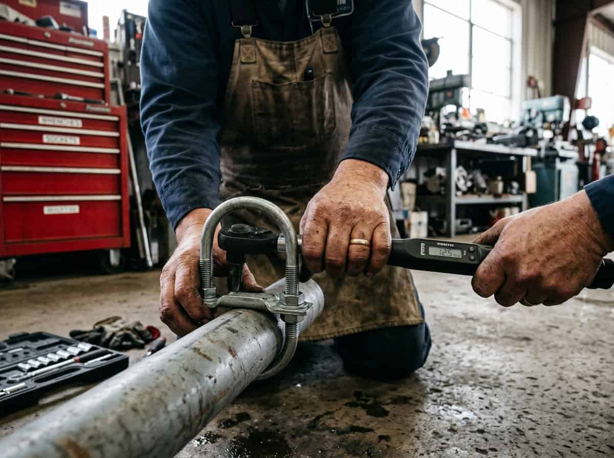 diagrama de instalación paso a paso de sujetadores de U-bolt mostrando la orientación correcta de la montura, secuencia de apriete de la tuerca y patrón de torque