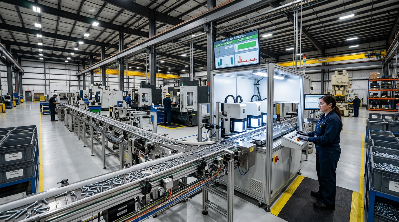 screw vs bolt — closing image showing a production screw assembly line with multiple fastener types being sorted