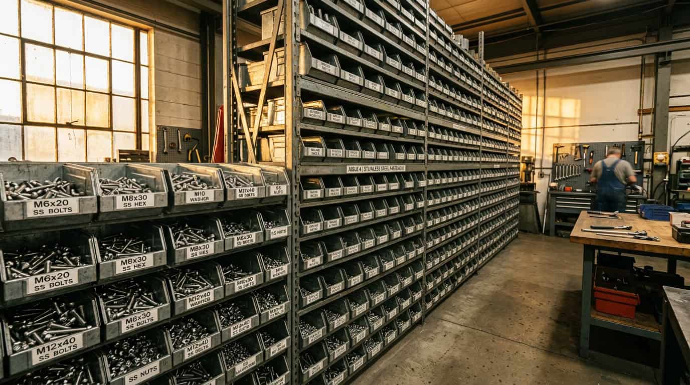 Warehouse of industrial screws and bolts at DingLong manufacturing facility, showcasing organized storage of flange bolts and industrial screws in a spacious industrial setting.