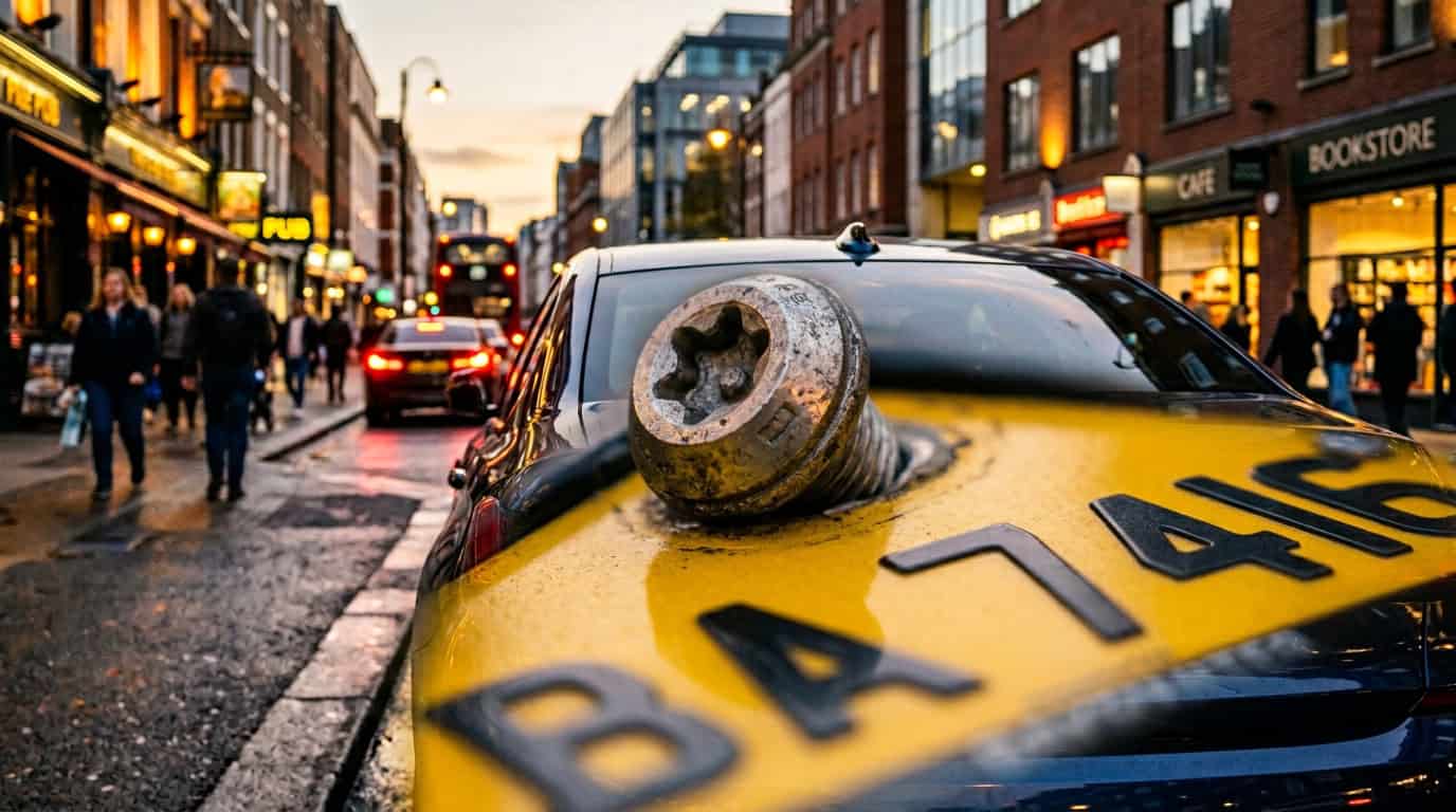 황색 택시 위에 놓인 산업용 나사, 해질 무렵의 분주한 도시 거리에서 보행자와 상점들이 배경에 있습니다.