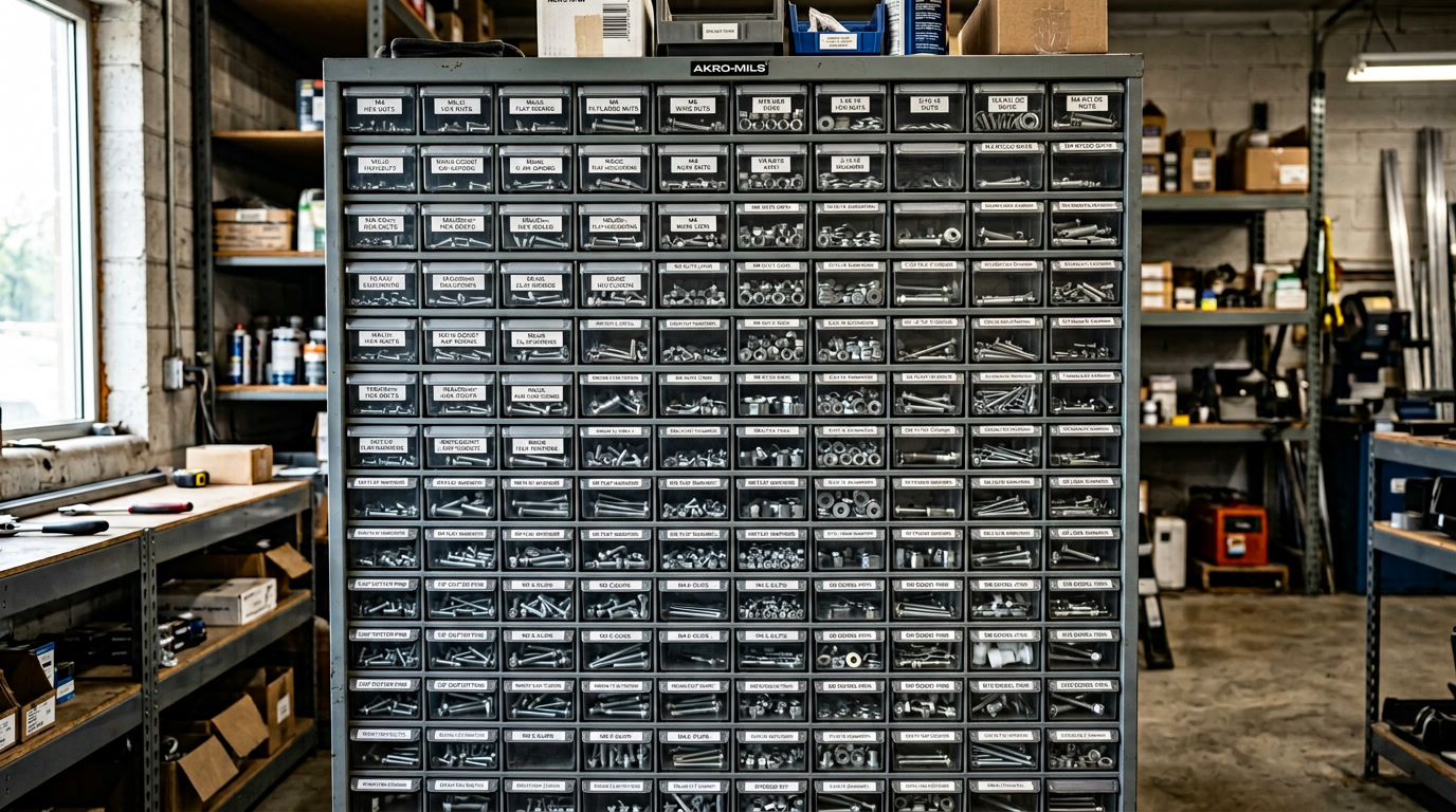 Industrial fasteners storage cabinet with organized screws and bolts.