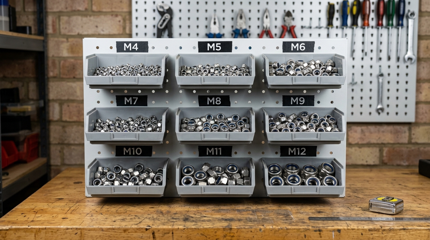 Nylonmutter — Sortiment an Nylon-Einsatz-Sicherungsmuttern in verschiedenen Größen, ausgelegt auf einer sauberen Werkbank mit metrischen Größenangaben