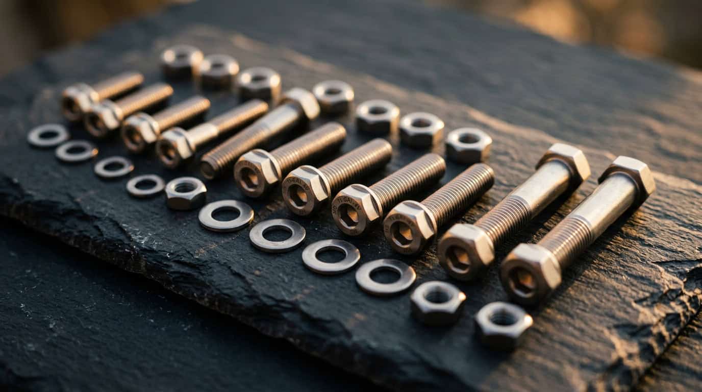 tornillos de titanio — imagen de estilo mostrando la mejora de tornillo de titanio en una potencia de bicicleta de montaña con acabado de titanio natural visible contra el manillar de carbono