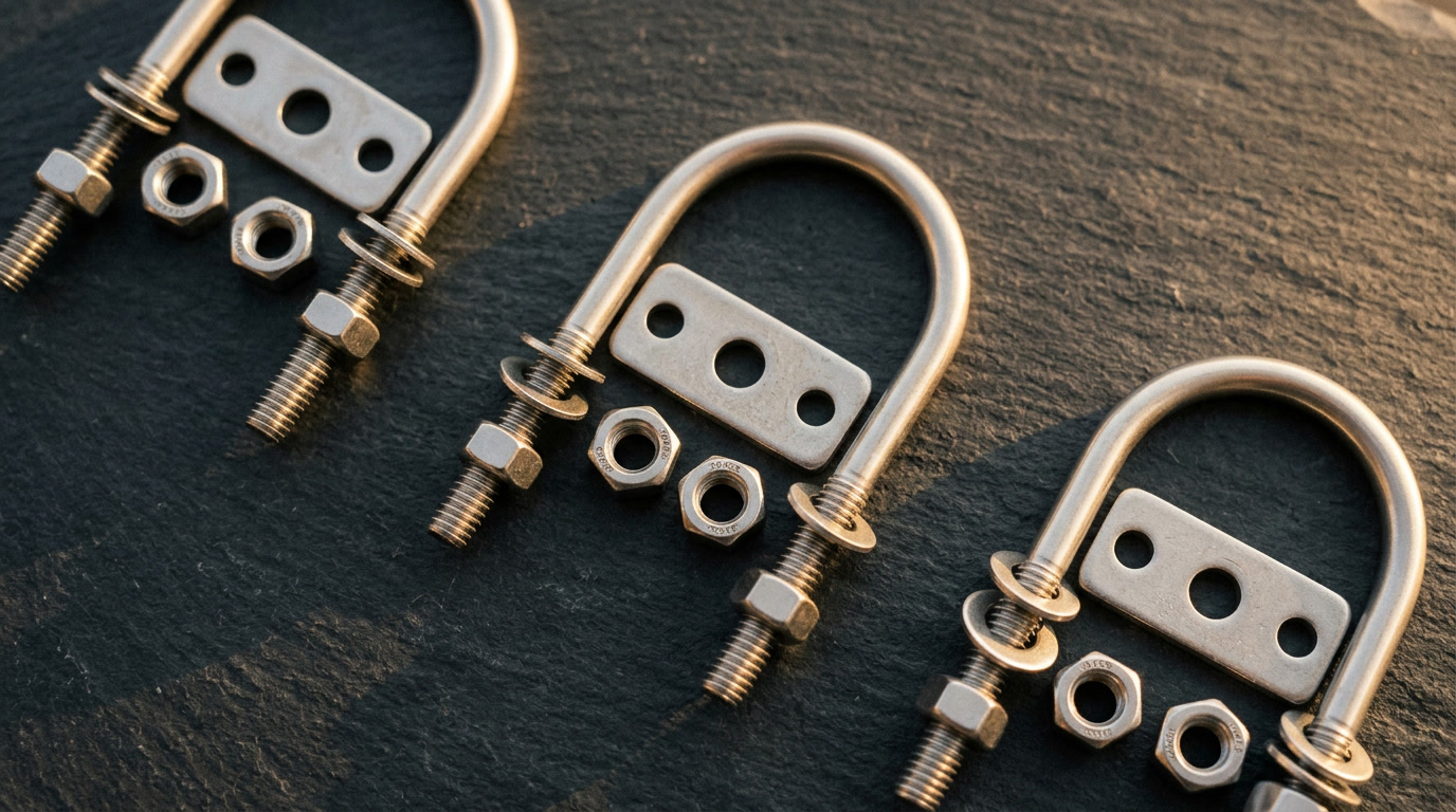 foto editorial de cierre de sujetadores de U-bolt mostrando una selección de U-bolts de acero inoxidable y galvanizados con placas de apoyo y tuercas