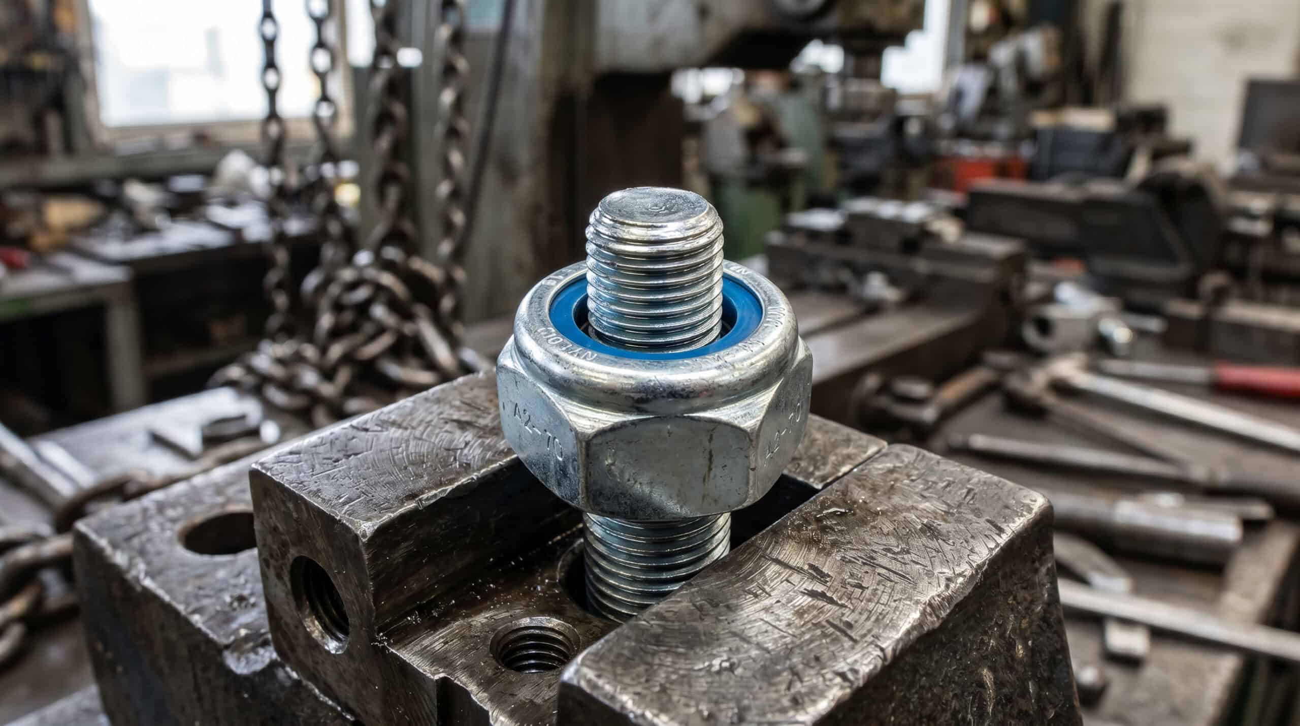 Close-up of a high-strength industrial bolt with nut on a metal workbench, showcasing precision manufacturing for heavy-duty applications.