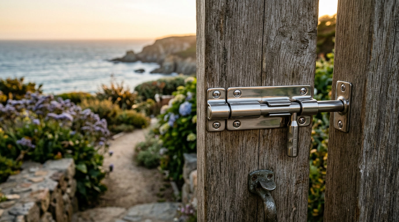 barrel bolts installation completed — editorial photo of polished stainless steel barrel bolt mounted on wooden gate with coastal background and blue sky