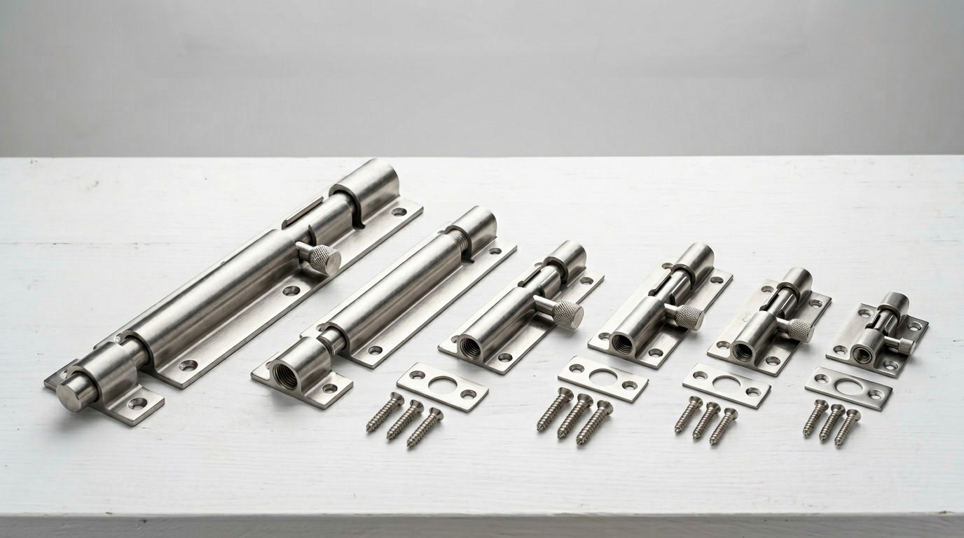 barrel bolts — hero illustration showing various stainless steel barrel bolt types arranged on a clean white workbench with carpenter tools nearby