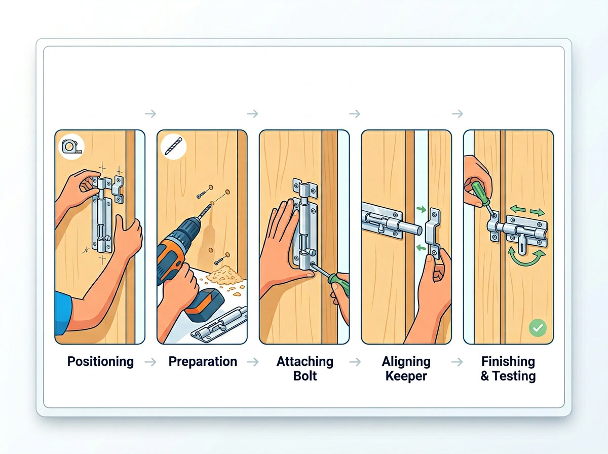 barrel bolts selection guide — clean process infographic showing 5-step decision flowchart with door hardware icons on white background