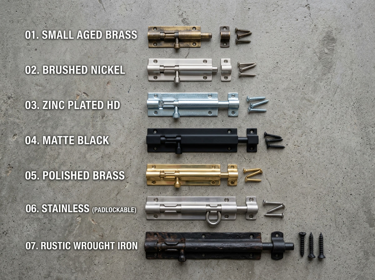 barrel bolts types comparison — editorial flat lay showing standard, heavy duty, stainless steel and locking barrel bolt variants arranged on gray concrete surface