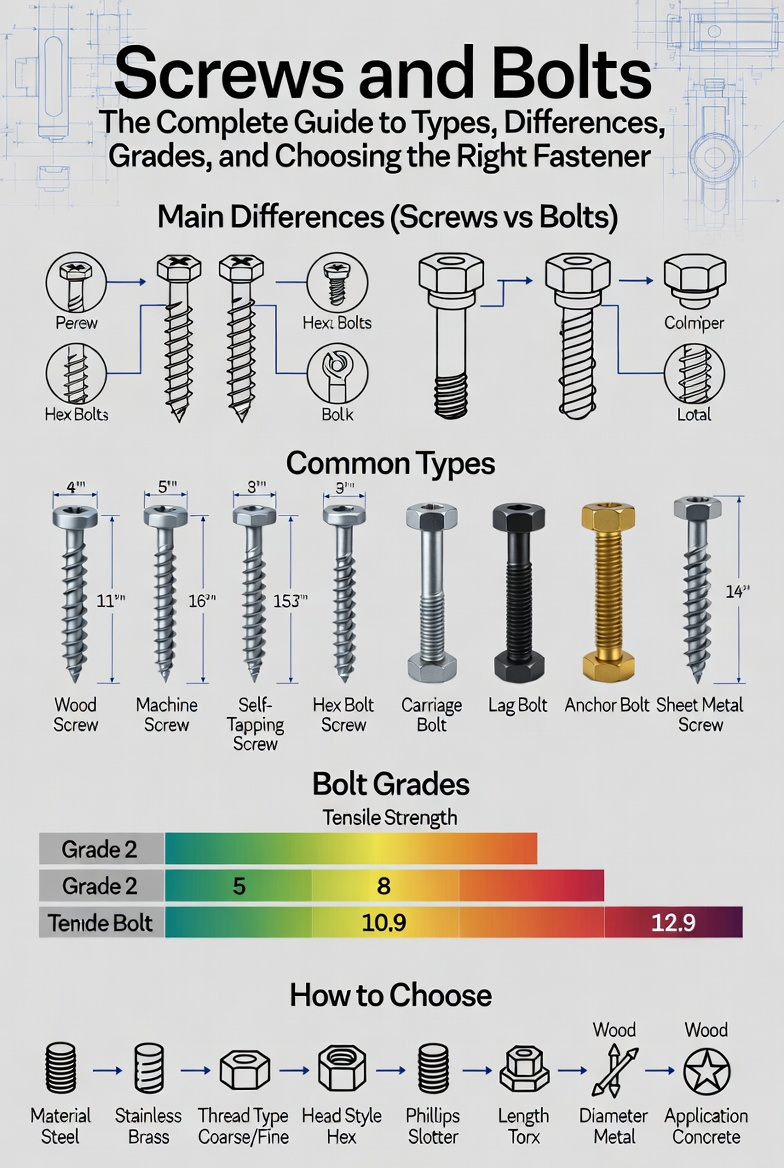 Screws and Bolts: The Complete Guide to Types, Differences, Grades, and Choosing the Right Fastener Screws and Bolts: The Complete Guide to Types, Differences, Grades, and Choosing the Right Fastener