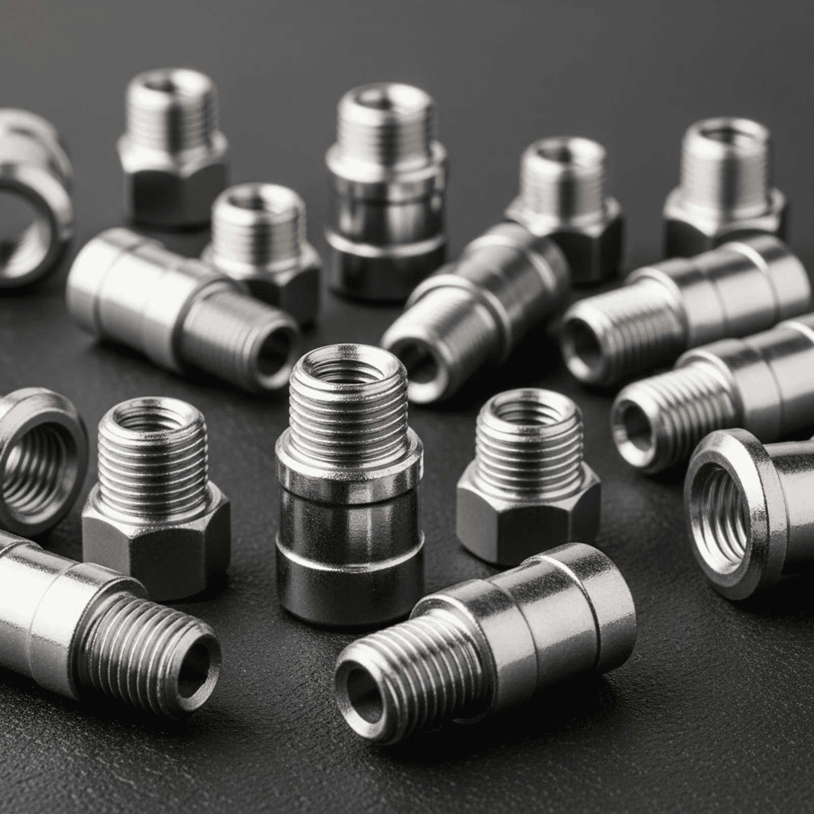 Close-up of various flange bolts and industrial screws made of stainless steel, showcasing their threaded and hexagonal heads on a dark background.