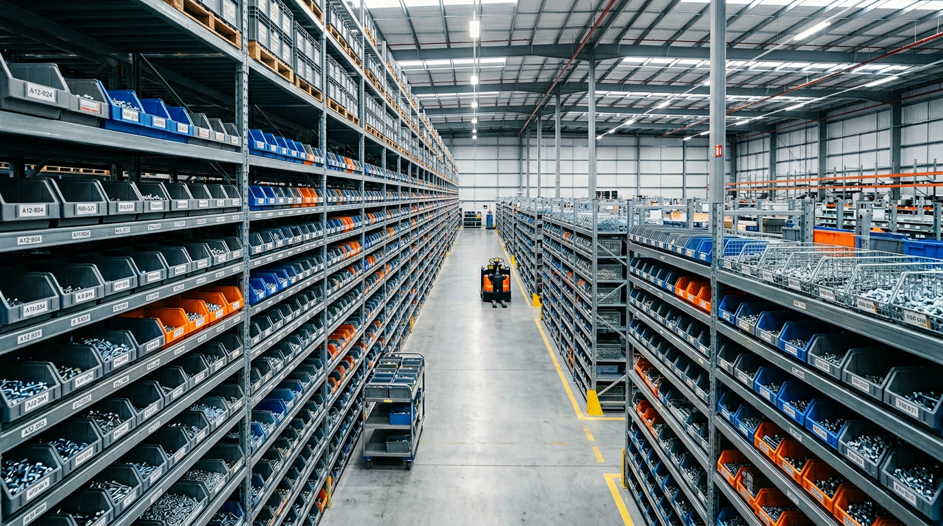 sujetadores metálicos — visual de cierre que muestra una instalación de producción con filas de contenedores de sujetadores organizados y equipo de inspección de calidad