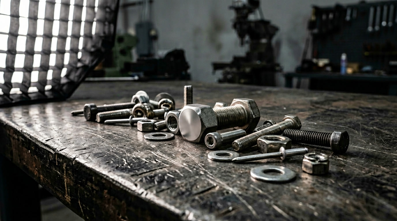 sujetadores metálicos — ilustración heroica que muestra una variedad de tornillos, pernos, tuercas y remaches industriales en una superficie de taller