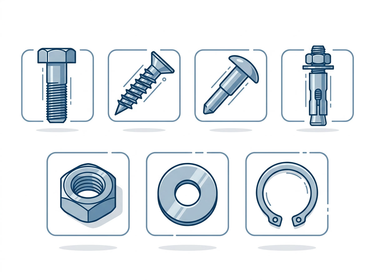 sujetadores metálicos — diagrama de cuerpo medio que muestra siete tipos: tornillos, pernos, tuercas, arandelas, remaches, anclajes y clips de retención