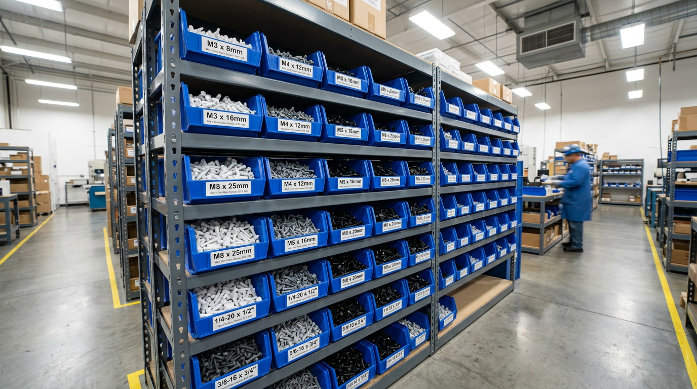 plastic screws closing visual showing organized industrial storage bins with sorted plastic screws in different sizes