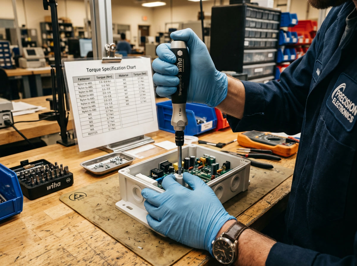 plastic screws selection guide showing engineer using torque screwdriver on plastic enclosure