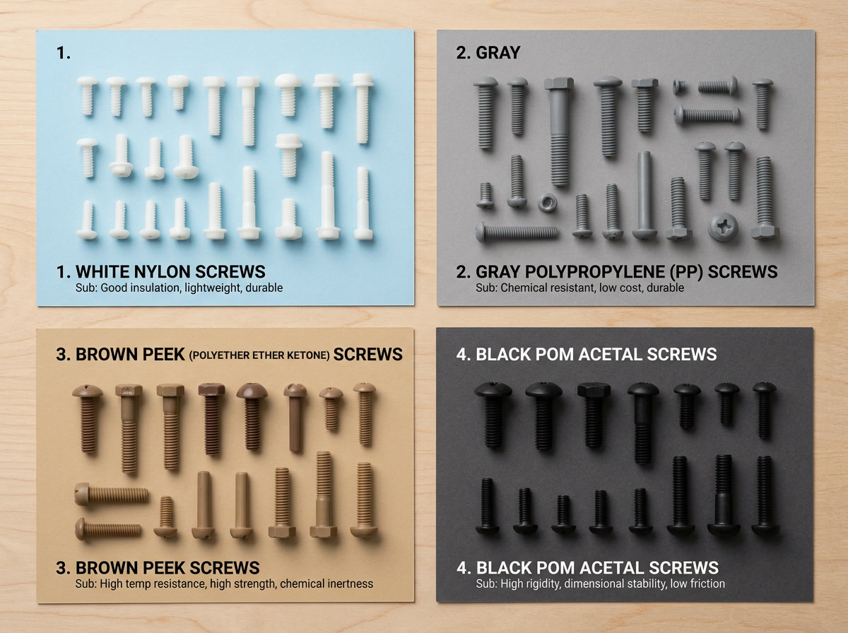 plastic screws types comparison showing nylon, polypropylene, PEEK, and POM screws side by side