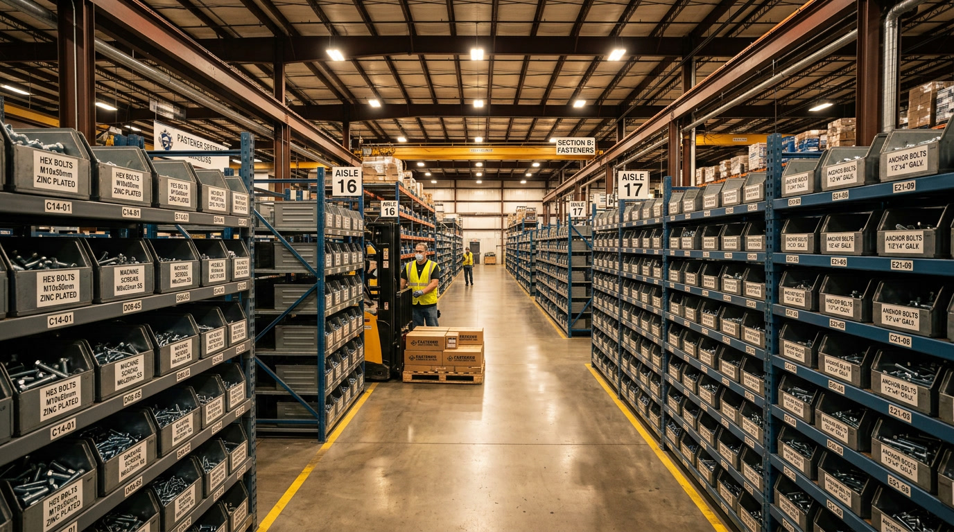 Schraubenbolzen — Abschlussvisualisierung eines gut organisierten Industrie-Befestigungslagers mit beschrifteten Behältern für Sechskantschrauben, Maschinenschrauben und Ankerbolzen