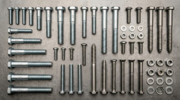 ilustração hero de parafuso mostrando fixadores industriais em uma bancada de trabalho de aço