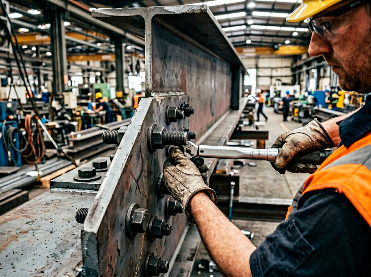 Schraubenbolzen — Prozessvisualisierung eines Ingenieurs, der ein Gewindesteppmesser verwendet, um die Befestigungsspezifikation vor der Montage zu überprüfen