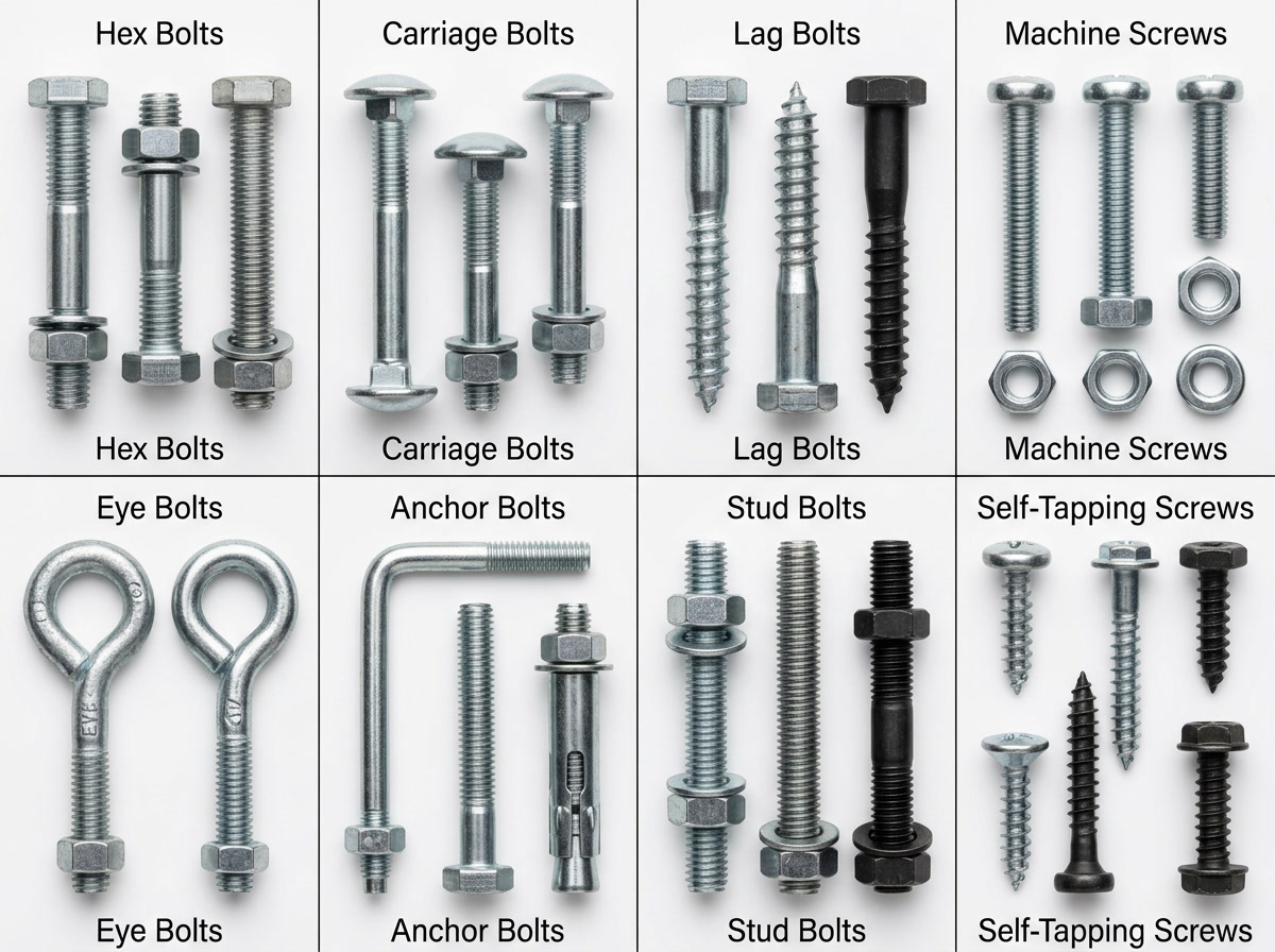 Schraubenbolzen — Typen-Illustration, die acht Kategorien von Befestigungen in einem organisierten Produktgitter zeigt