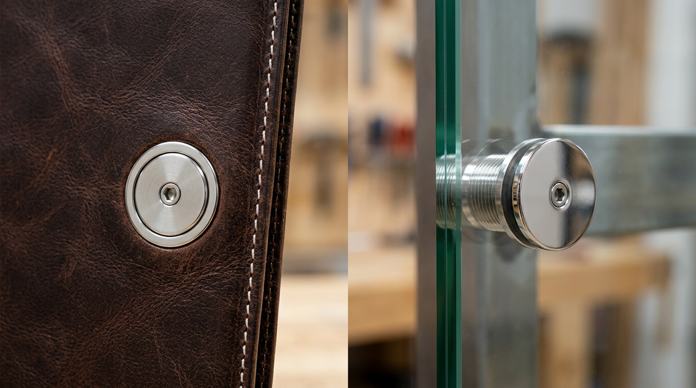 Sex bolts installed in leather portfolio and architectural sign panel — finished appearance showing flush barrel face and mating screw head