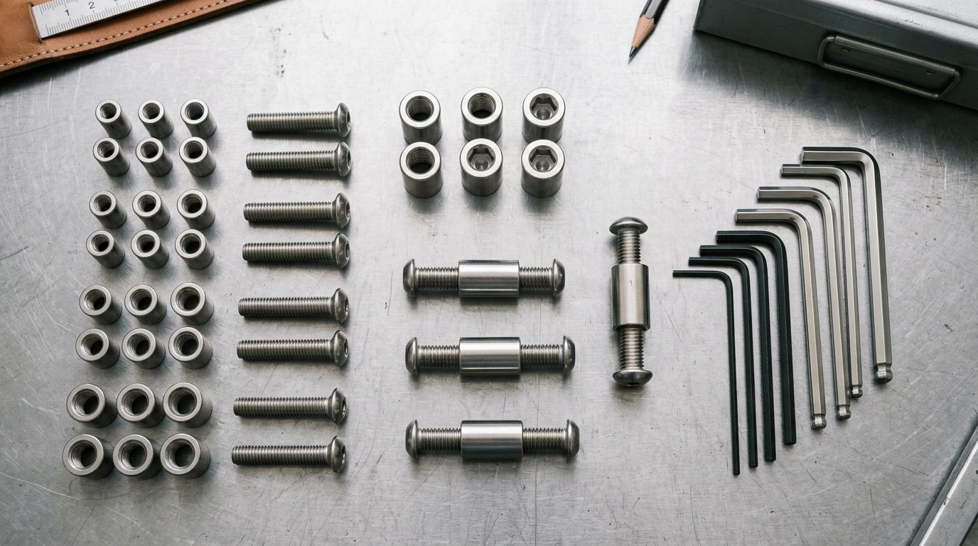 Sex bolts complete guide — overhead flat-lay of barrel fasteners, mating screws, and installation tools on a steel workshop surface