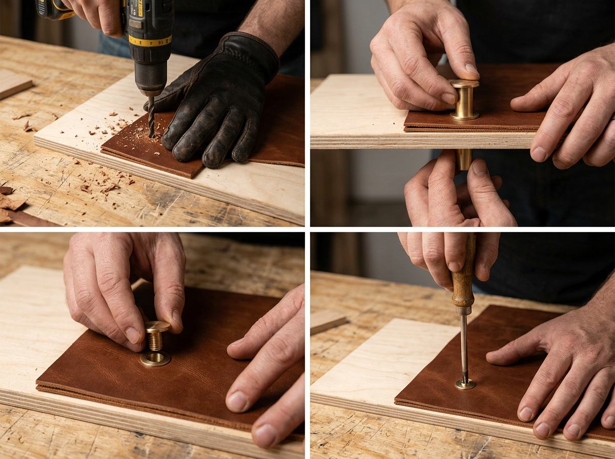 Sex bolt installation steps — drill, align barrel, thread mating screw, torque sequence illustrated on a workshop bench
