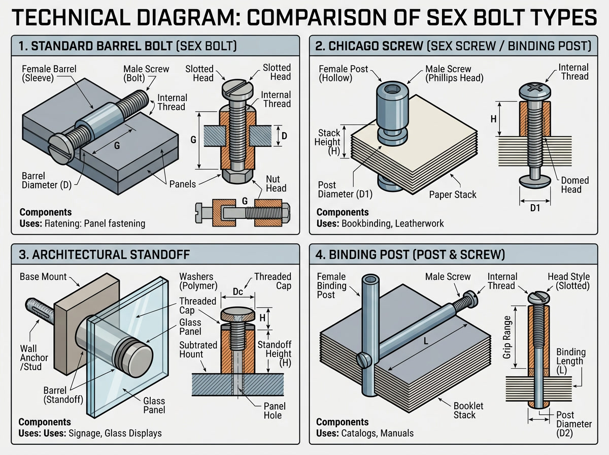 Sex bolt types illustrated — standard barrel bolt, Chicago screw, architectural sex bolt, and binding post side-by-side comparison diagram